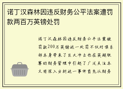 诺丁汉森林因违反财务公平法案遭罚款两百万英镑处罚